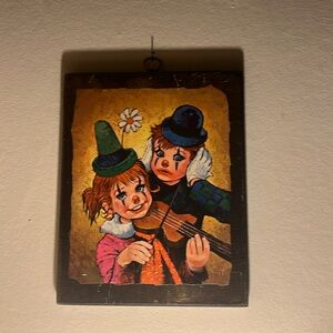 Clown kids playing violin artist wood board